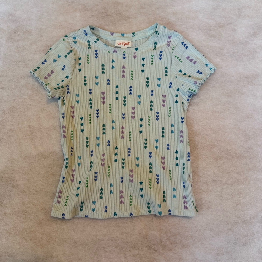 Cat & Jack Girls Ribbed Heart Print Top Size M (8) | Short Sleeve Lettuce Hem
